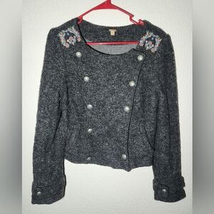 Free People Women's Size 2 Gray Embroidered Wool Jacket